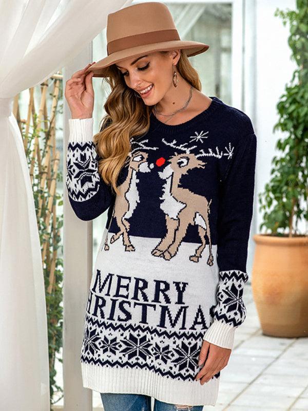 Women's Christmas Reindeer Print Longer Length Crew Neck Jumper