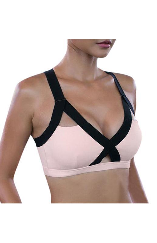 Women's Colour Contrast Cross Elastic Sports Bra