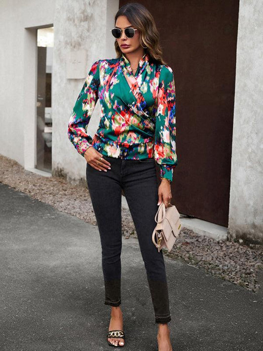 Women's Colourful Print Wrap Satin Long Sleeve Top