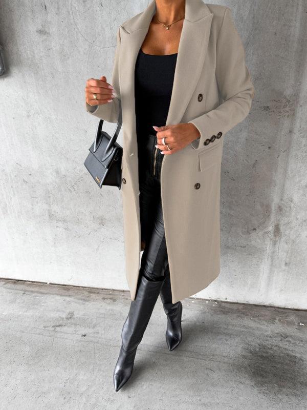 Women's Double Breasted Mid Length Button Closure Coat With Pockets