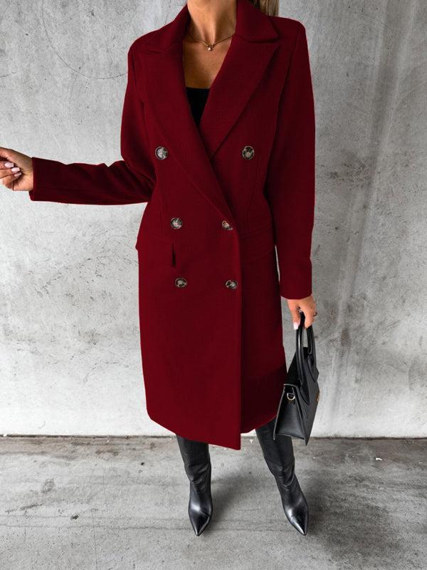 Women's Double Breasted Mid Length Button Closure Coat With Pockets