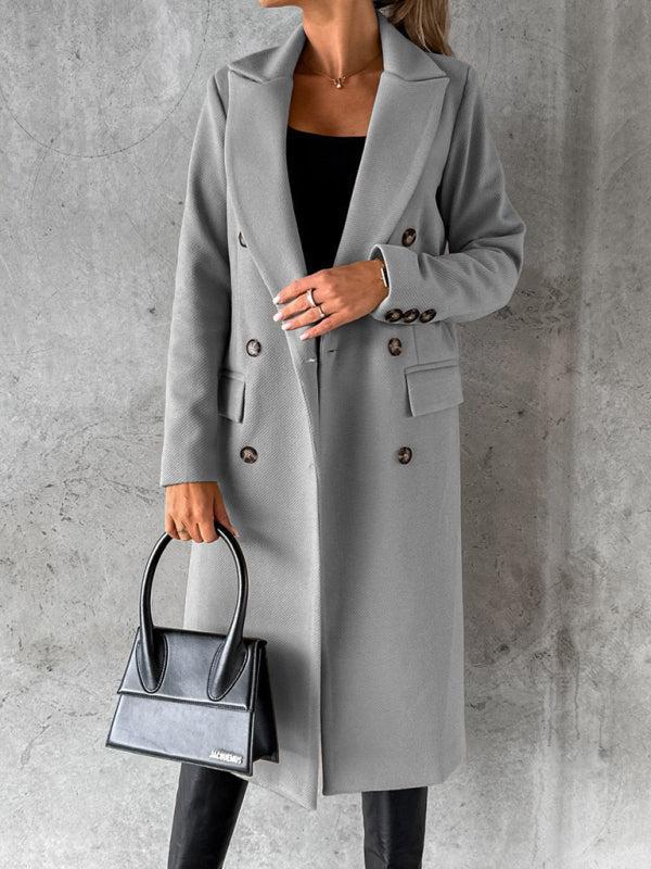 Women's Double Breasted Mid Length Button Closure Coat With Pockets