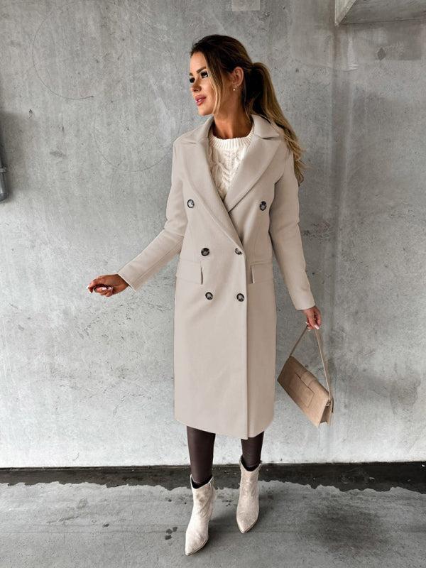 Women's Double Breasted Mid Length Button Closure Coat With Pockets