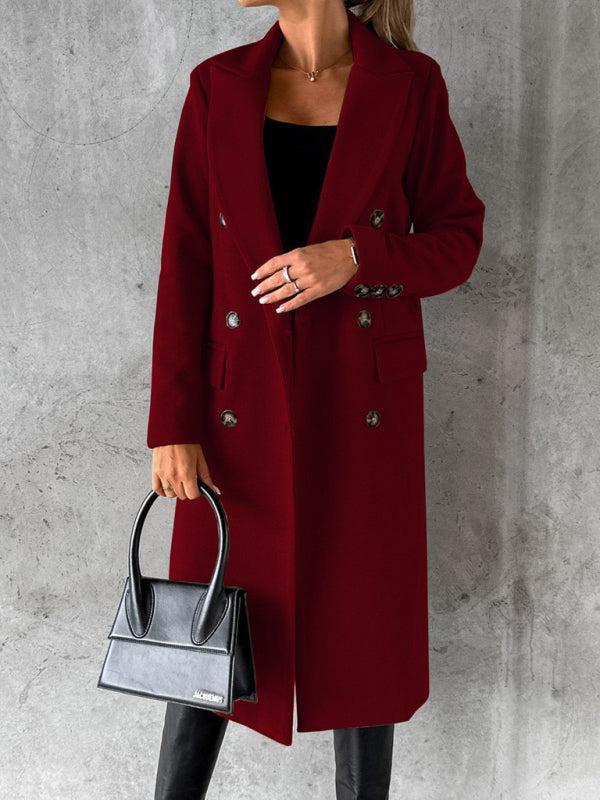 Women's Double Breasted Mid Length Button Closure Coat With Pockets