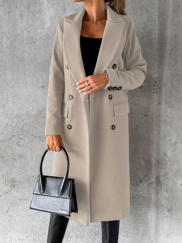 Women's Double Breasted Mid Length Button Closure Coat With Pockets