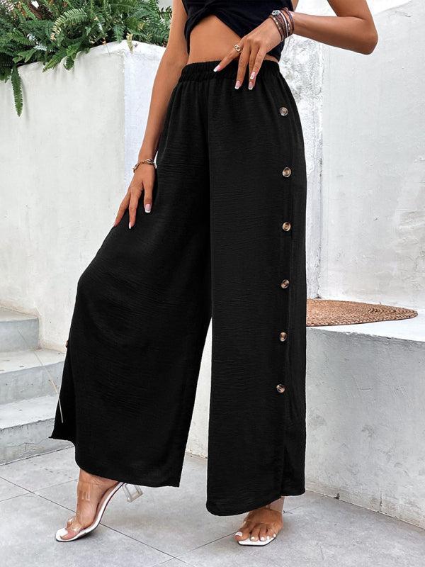 Women's Drawstring Waist Wide Leg Trousers With Button Side Splits