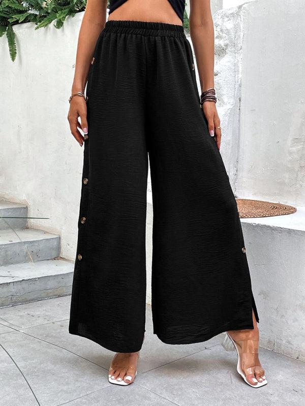 Women's Drawstring Waist Wide Leg Trousers With Button Side Splits