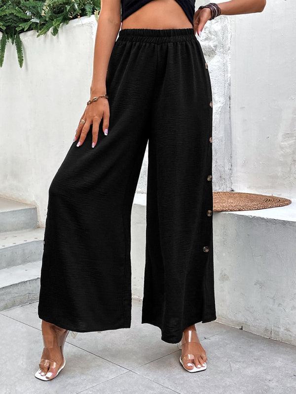 Women's Drawstring Waist Wide Leg Trousers With Button Side Splits