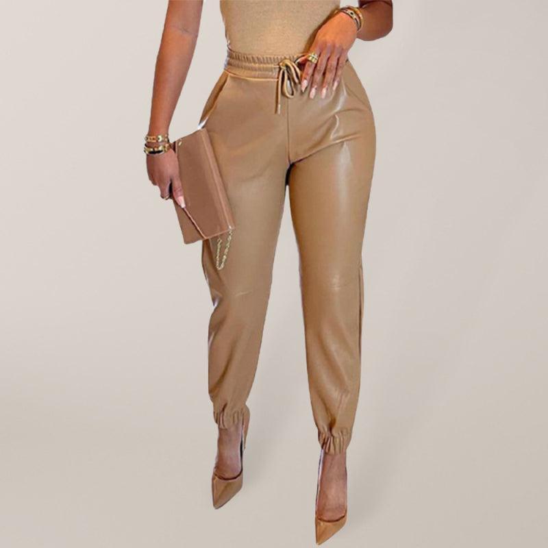 Women's Faux Leather Drawstring Cuffed Trousers