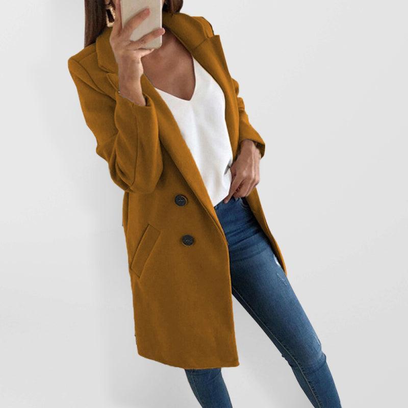 Women’s Front Buttoned Long Overcoat With Front Pockets And Padded Shoulders