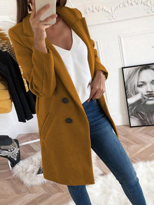 Women’s Front Buttoned Long Overcoat With Front Pockets And Padded Shoulders