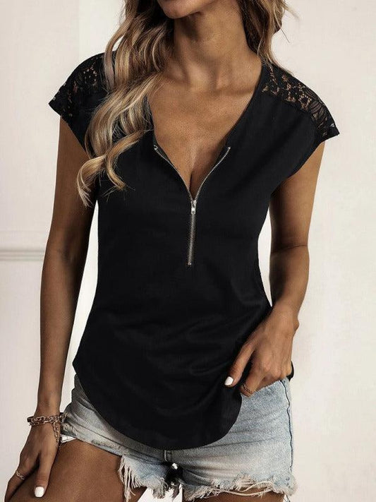 Women's Half Zip Lace Detail Short Sleeve Top