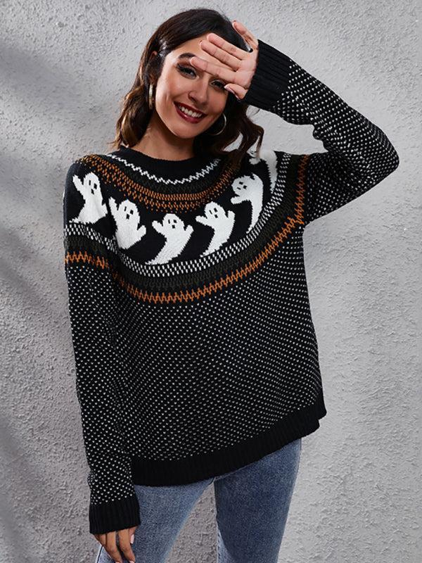 Women's Halloween Ghost Print Long Sleeve knitted Top
