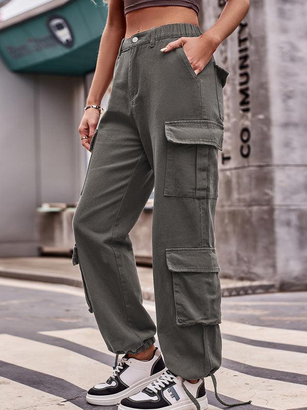 Women's Loose Fit Bottom Drawstring Cargo Trousers With Pockets