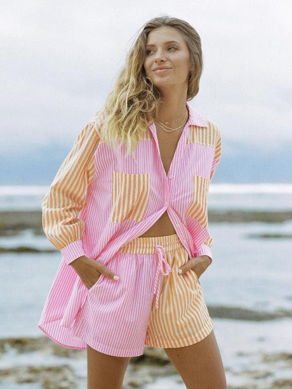 Women's Matching Striped Shirt and Shorts Set