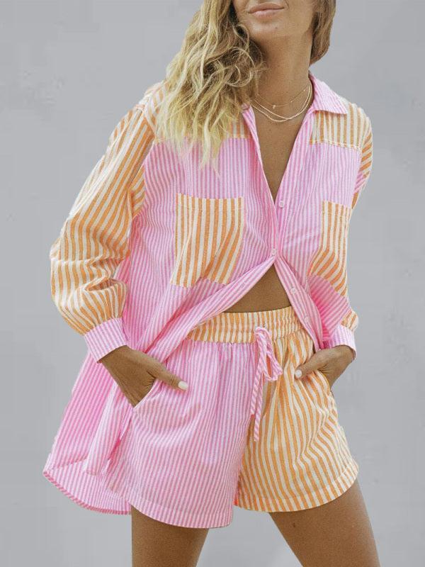 Women's Matching Striped Shirt and Shorts Set