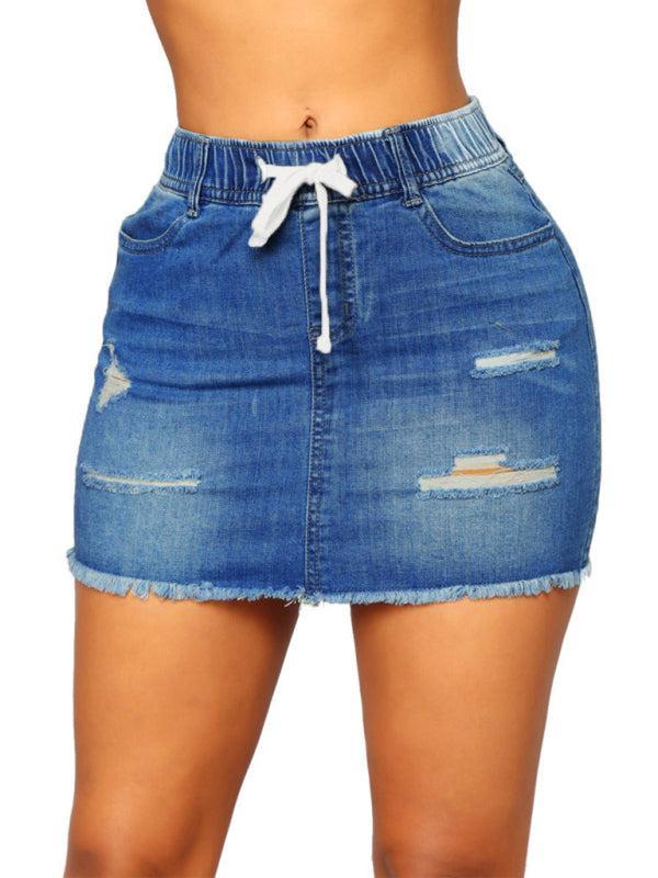 Women's Mini Denim Skirt With Elasticated Drawstring Waist