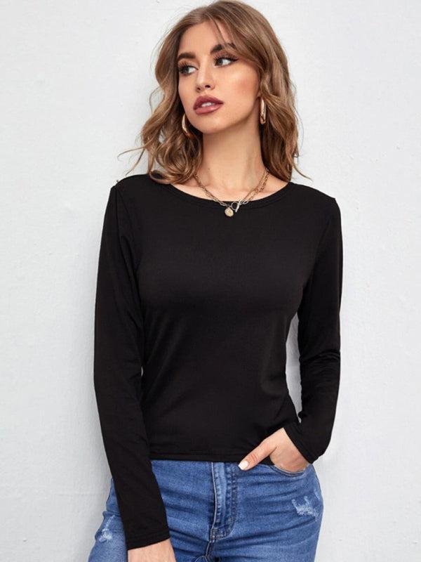 Women's Open Back Bottom Tie Long Sleeve Top