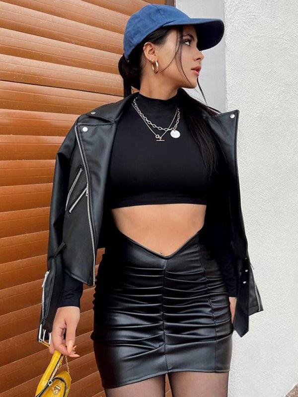 Women’s PU Leather V-Low Cut Waist Ruched Skirt