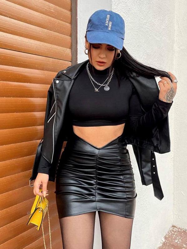 Women’s PU Leather V-Low Cut Waist Ruched Skirt