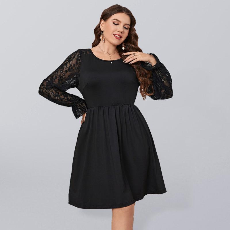 Women's Plus Size Black A Line Dress With Long Lace Sleeves