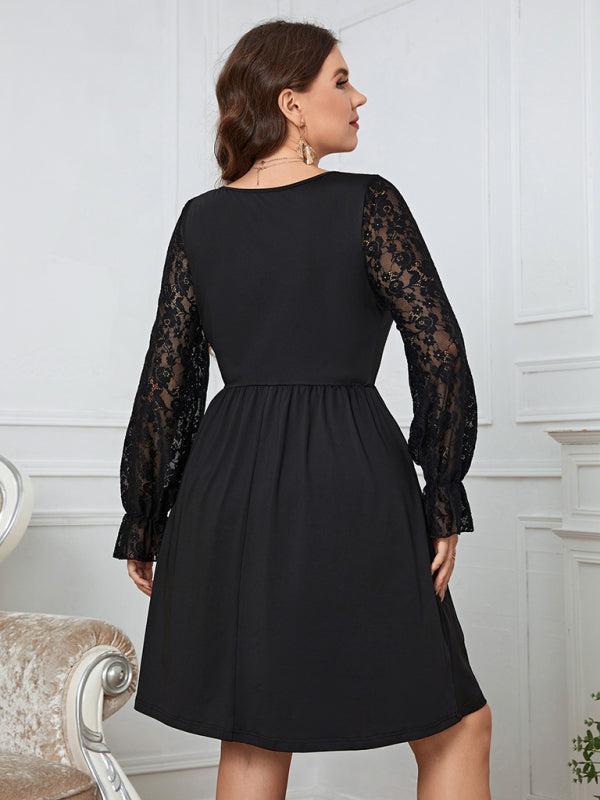 Women's Plus Size Black A Line Dress With Long Lace Sleeves Lotus Corner Women's Plus Size Black A Line Dress With Long Lace Sleeves Lotus Corner