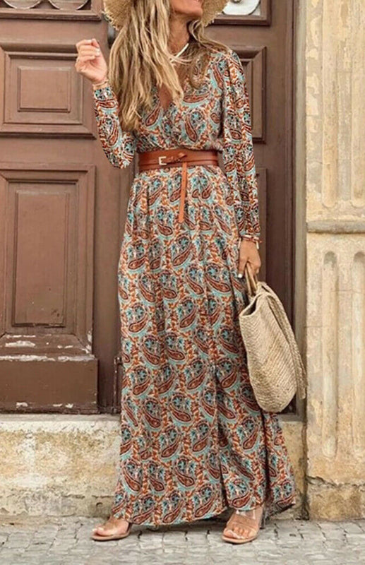 Women's Printed Long Sleeve Side Split Floor Length Dress With Belt