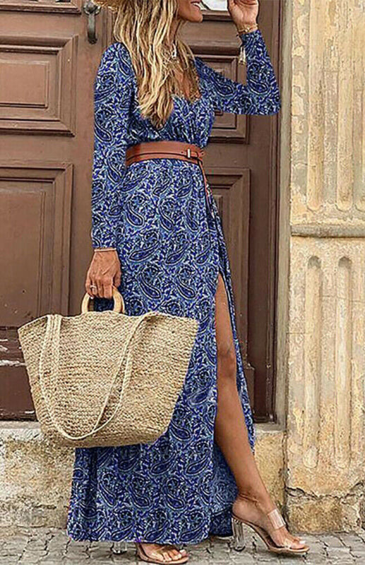 Women's Printed Long Sleeve Side Split Floor Length Dress With Belt
