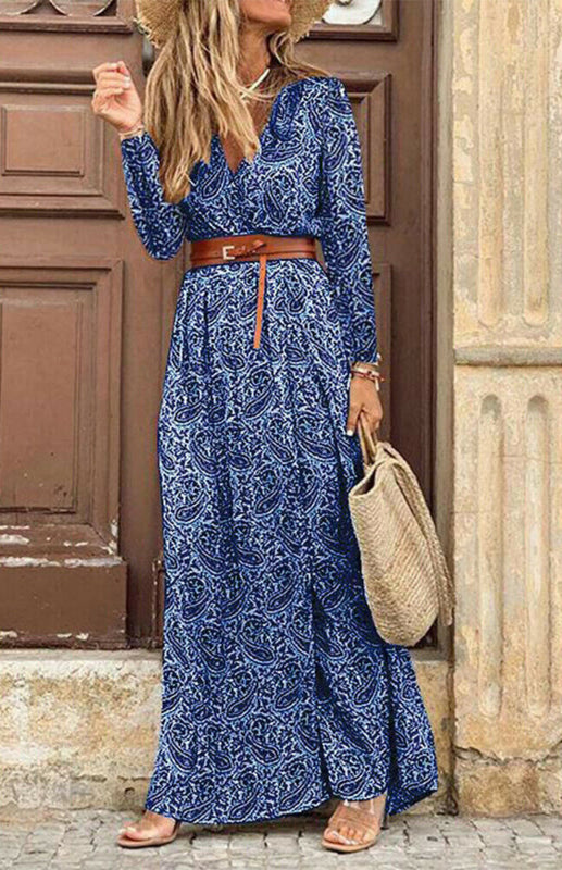 Women's Printed Long Sleeve Side Split Floor Length Dress With Belt