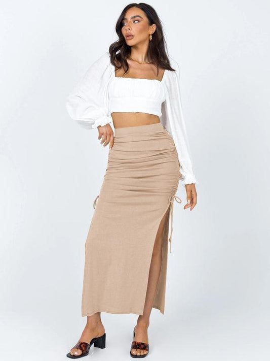Women's Side Ruched Drawstring Long Length Skirt