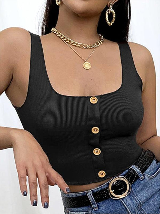 Women's Square Neck Button Front Knit Crop Tank Top