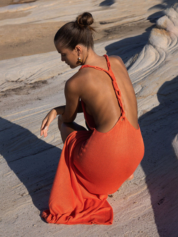 Women's Stunning Knitted Floor Length Beach Dress With Open Back Desig Women's Stunning Knitted Floor Length Beach Dress With Open Back Desig