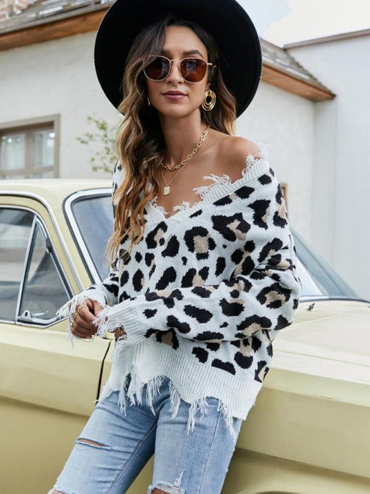 Women's V-Neck Loose Fit Leopard Print Jumper With Frayed Hem Detail
