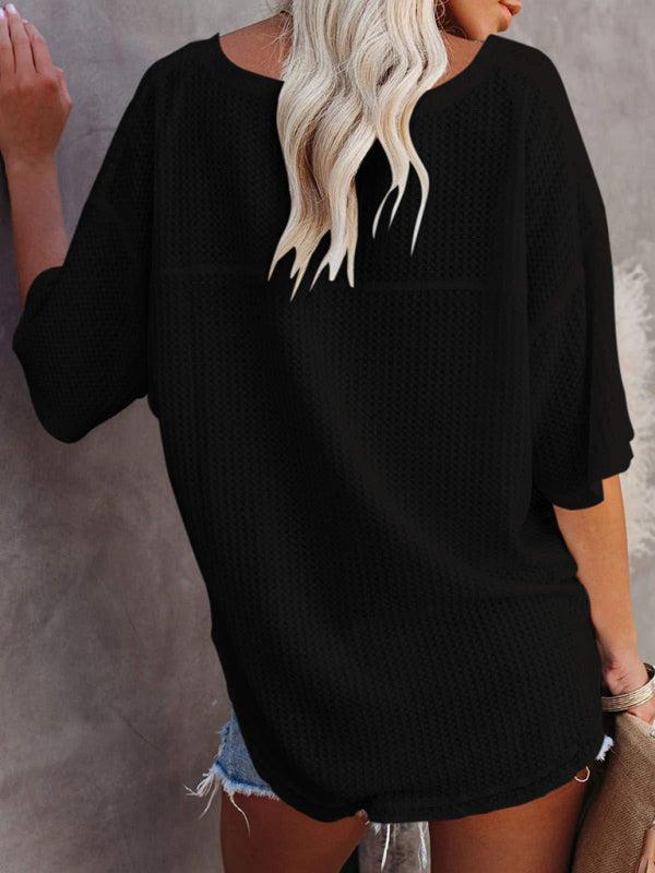 Women's V Neck Loose Sleeve Waffle Knit T-Shirt