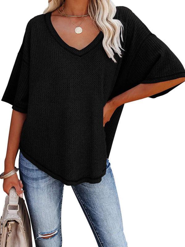 Women's V Neck Loose Sleeve Waffle Knit T-Shirt