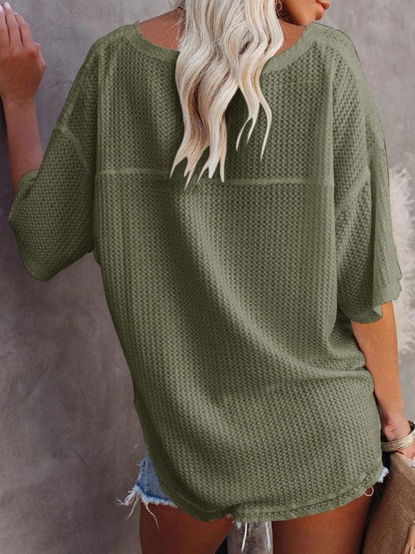 Women's V Neck Loose Sleeve Waffle Knit T-Shirt