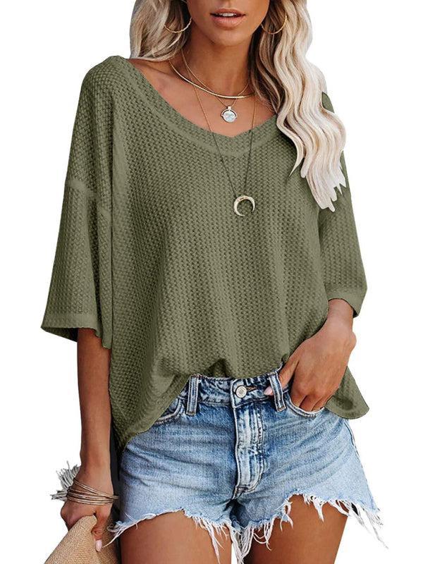 Women's V Neck Loose Sleeve Waffle Knit T-Shirt