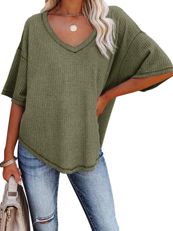 Women's V Neck Loose Sleeve Waffle Knit T-Shirt