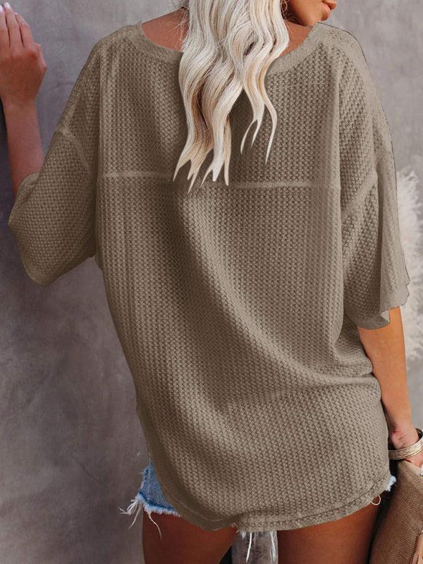Women's V Neck Loose Sleeve Waffle Knit T-Shirt