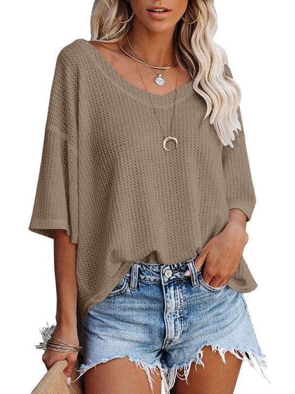 Women's V Neck Loose Sleeve Waffle Knit T-Shirt