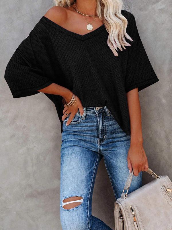 Women's V Neck Loose Sleeve Waffle Knit T-Shirt