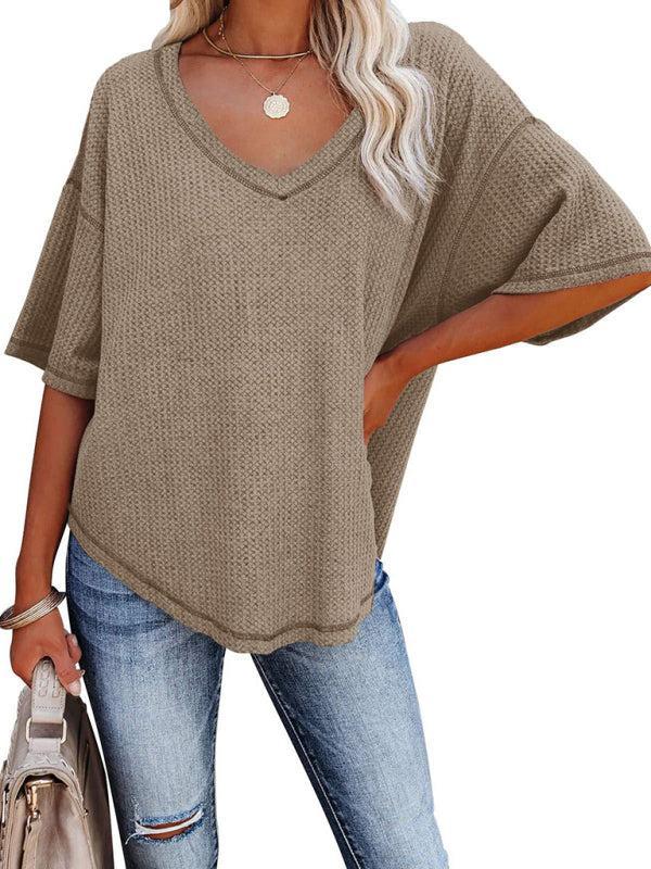 Women's V Neck Loose Sleeve Waffle Knit T-Shirt
