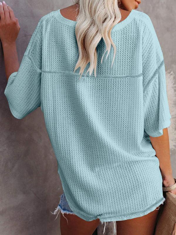 Women's V Neck Loose Sleeve Waffle Knit T-Shirt