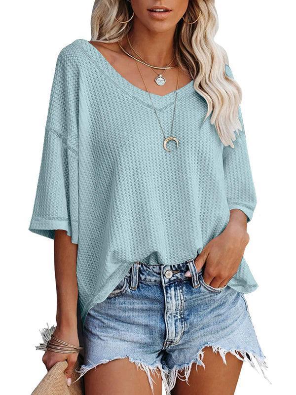 Women's V Neck Loose Sleeve Waffle Knit T-Shirt