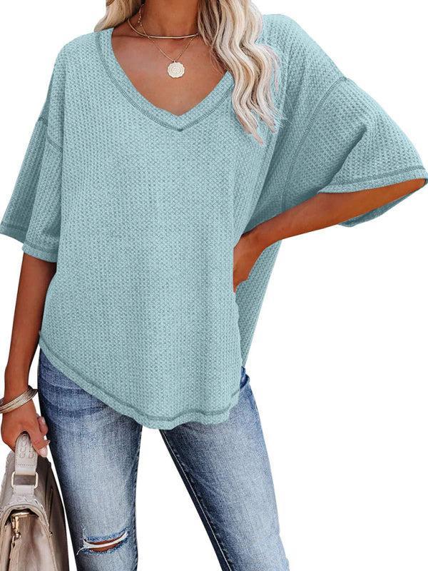 Women's V Neck Loose Sleeve Waffle Knit T-Shirt
