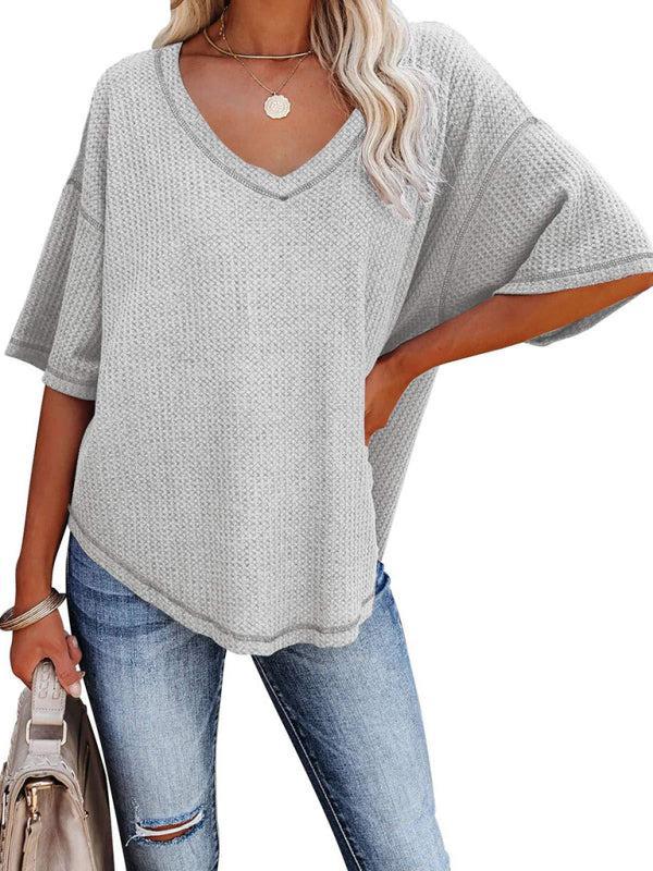 Women's V Neck Loose Sleeve Waffle Knit T-Shirt