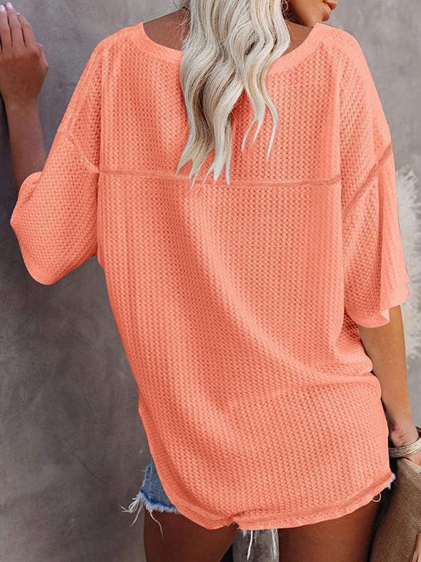 Women's V Neck Loose Sleeve Waffle Knit T-Shirt