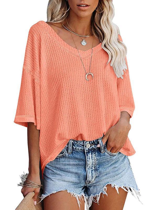 Women's V Neck Loose Sleeve Waffle Knit T-Shirt