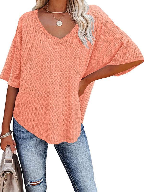 Women's V Neck Loose Sleeve Waffle Knit T-Shirt