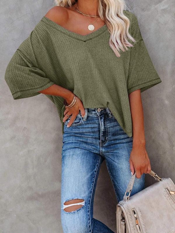 Women's V Neck Loose Sleeve Waffle Knit T-Shirt